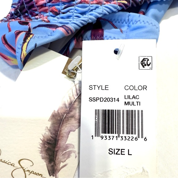 Jessica Simpson Palmy Days Smocked O-ring Bikini Top Bottom L/M Lilac Palm Tree - Picture 8 of 14